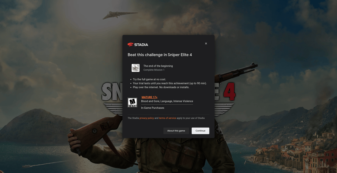A screenshot of the Stadia download screen for Sniper Elite 4. A screenshot of the Stadia download screen for Sniper Elite 4.