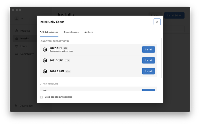 unity editor installation options unity editor installation options