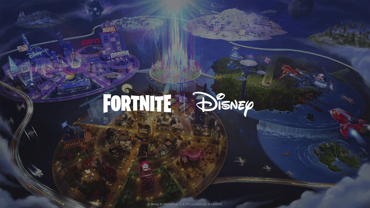 The Disney and Fortnite logo overlaid on artwork depicting a fantasy theme park filled with Disney-owned franchises