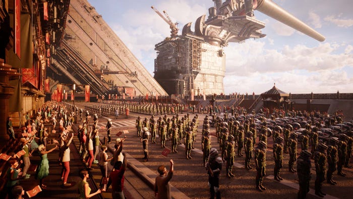 A screenshot of Final Fantasy VII Remake. A crowd cheers for a nazi-looking lineup of Shinra soldiers.
