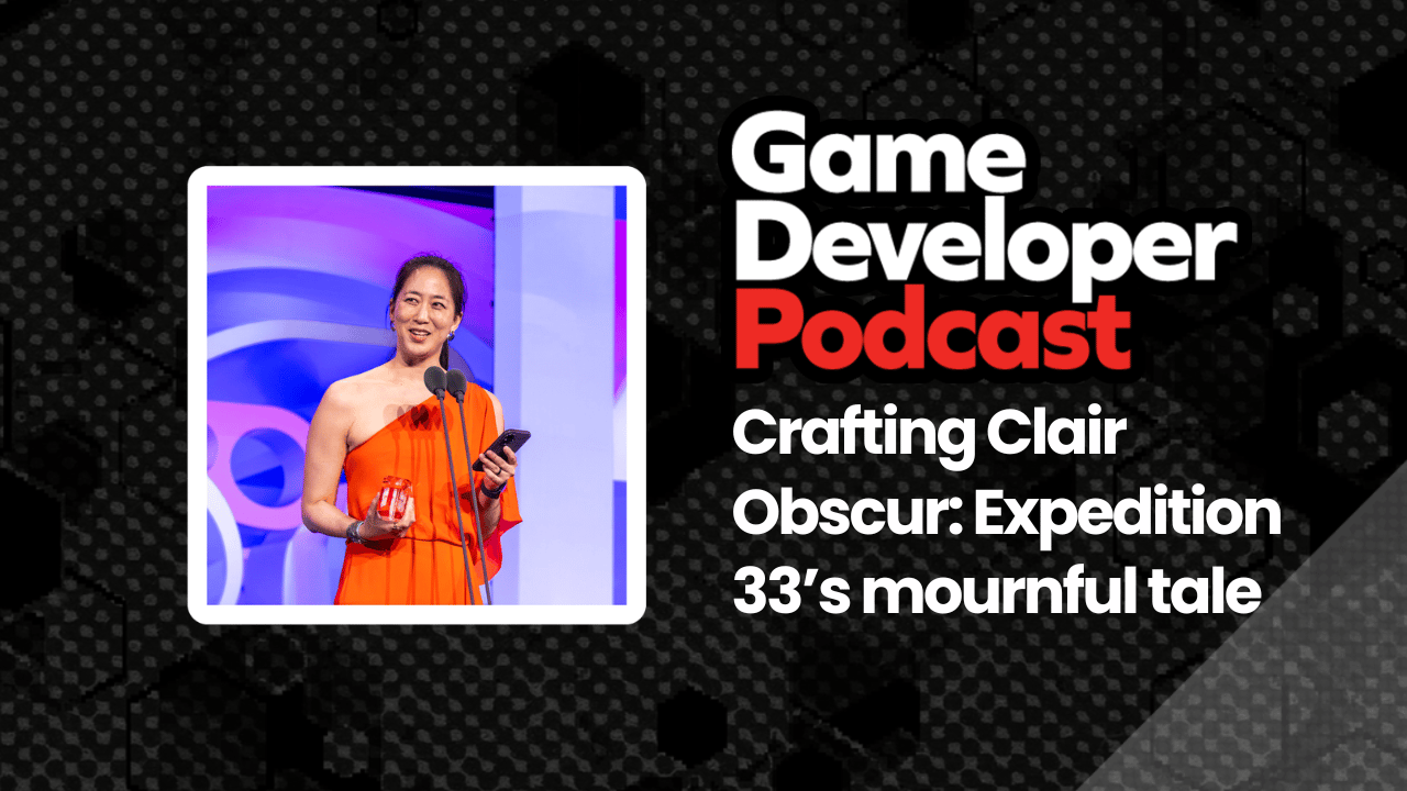 A photo of Jennifer Svedeberg-Yen accepting an award by the GAme Developer Podcast logo. A photo of Jennifer Svedeberg-Yen accepting an award by the GAme Developer Podcast logo.