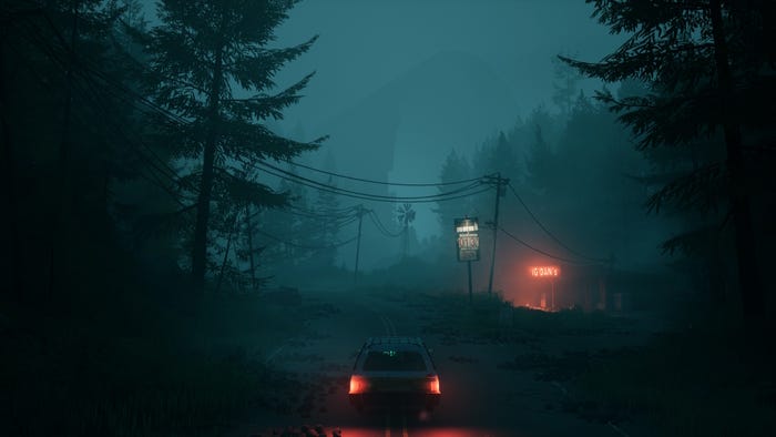 The player's station wagon drives down a moody, dark road. A glowing sign in the distance says 