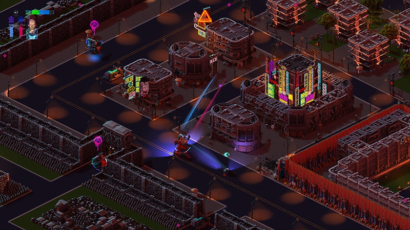 A screenshot of Brigador. It's an isometric top-down view of a red Mech wandering through a city.