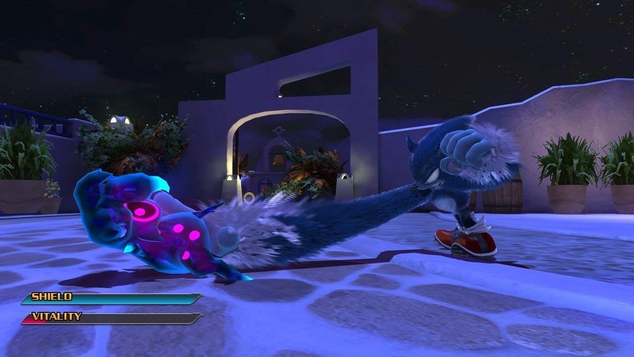 Sonic attacks a slowing creature in his Werehog form Sonic attacks a slowing creature in his Werehog form