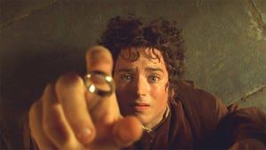 A still from The Lord of the Rings: The Fellowship of the Ring. The One Ring falls onto Frodo's finger.