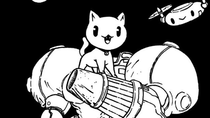 Key art for Doinksoft's Gato Roboto, showing a cat on top of a mech suit.