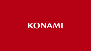 The Konami logo on a red background