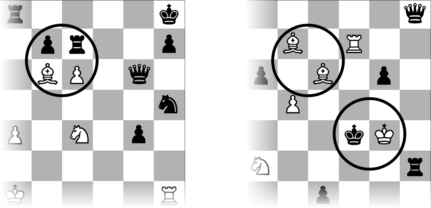 The same two chessboards as featured above, this time with key pieces circled.