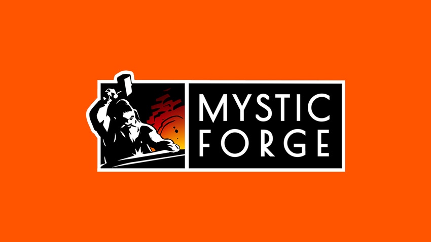 The Mystic Forge logo on an orange background