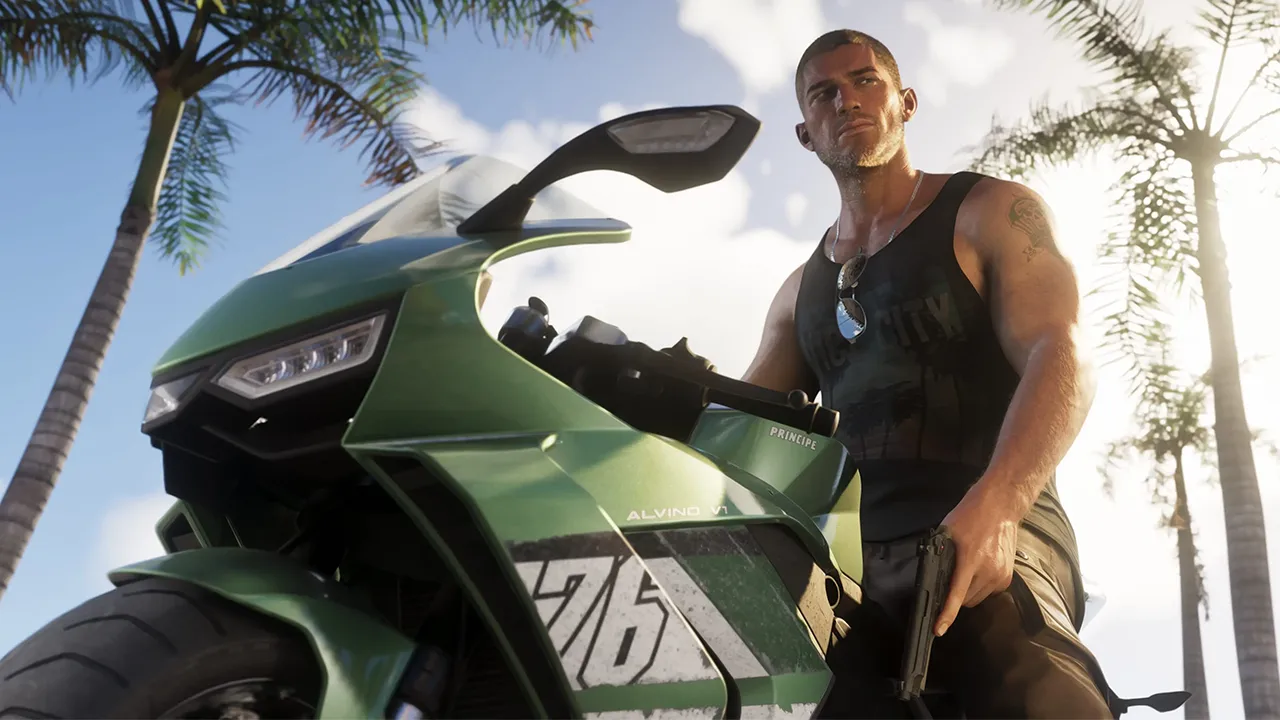Grand Theft Auto VI protagonist Jason Duval holding a pistol while perched on a metallic green sports bike Grand Theft Auto VI protagonist Jason Duval holding a pistol while perched on a metallic green sports bike