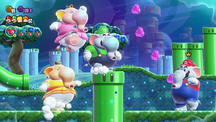 Mario, Peach, Luigi, and Daisy, all as elephants, in Super Mario Wonder.