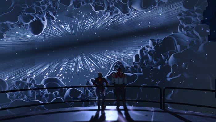 Star Lord and Drax the Destroyer look out into a space anomaly in Marvel's Guardians of the Galaxy. Star Lord and Drax the Destroyer look out into a space anomaly in Marvel's Guardians of the Galaxy.