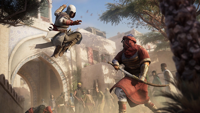 Assassin's Creed Mirage hero Basim strikes down an enemy. Assassin's Creed Mirage hero Basim strikes down an enemy.