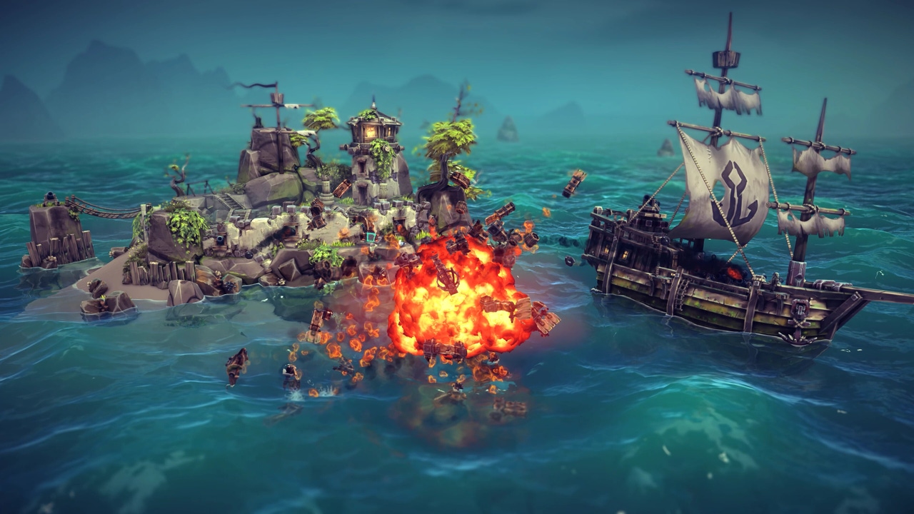 A tall ship fires a cannon in Besiege. A tall ship fires a cannon in Besiege.