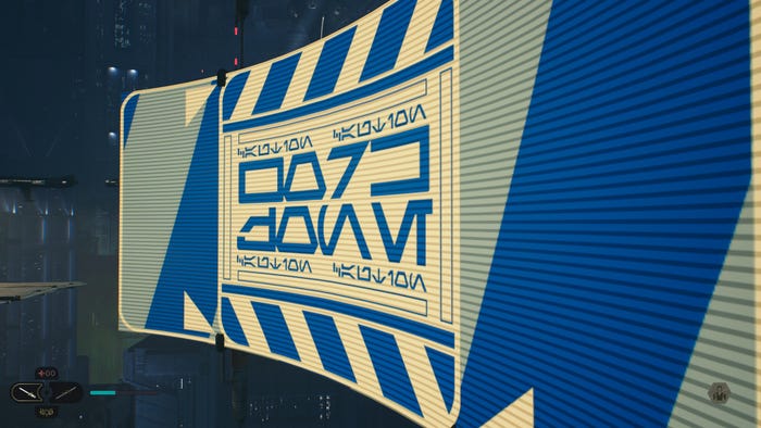 A traversable wall in Star Wars Jedi: Survivor. The sign is a combination of white blue, and white blue.