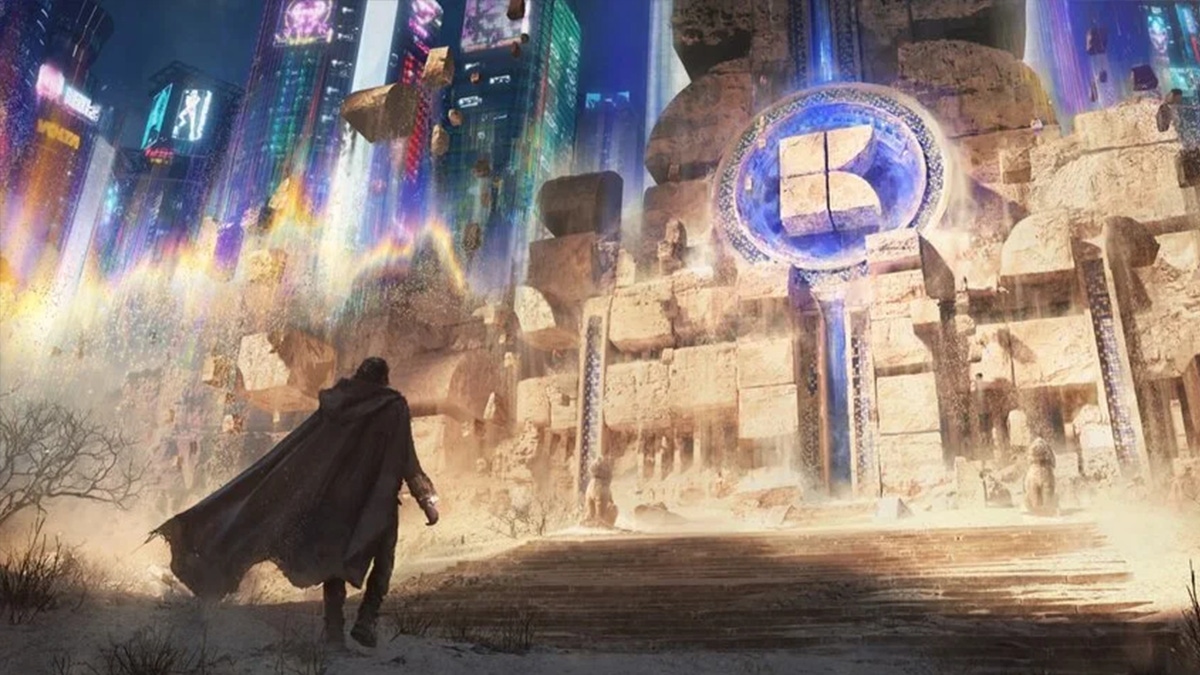 A shadowy figure walking towards a futuristic building adorned with the Keywords logo A shadowy figure walking towards a futuristic building adorned with the Keywords logo