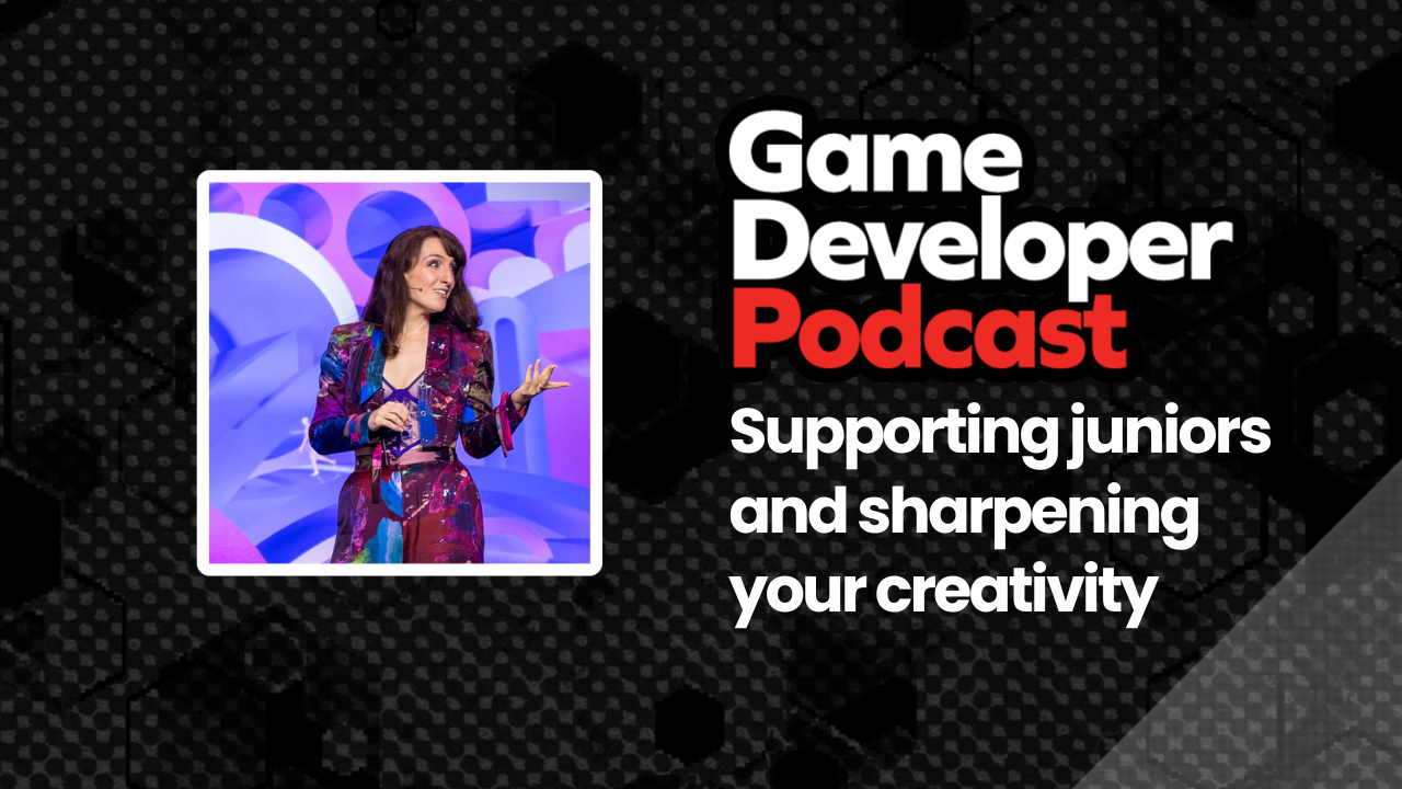 Alexa Ray Correia stands on a stage in a colorful suit next to the Game Developer Podcast logo. Alexa Ray Correia stands on a stage in a colorful suit next to the Game Developer Podcast logo.