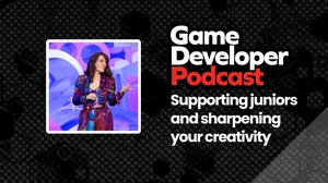 Alexa Ray Correia stands on a stage in a colorful suit next to the Game Developer Podcast logo. Alexa Ray Correia stands on a stage in a colorful suit next to the Game Developer Podcast logo.