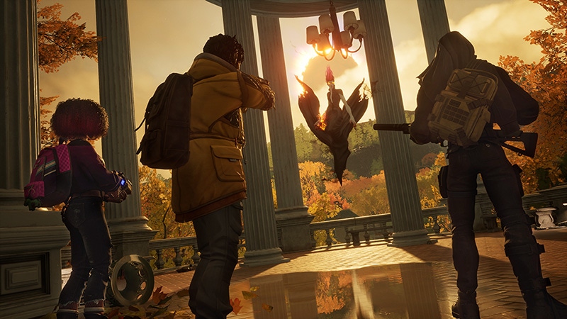 A player character in Redfall shoots a vampire at sunset. A player character in Redfall shoots a vampire at sunset.