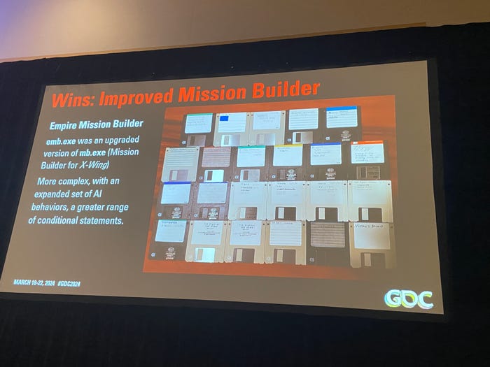 A GDC slide showing the floppy discs holding the X-Wing mission builder.