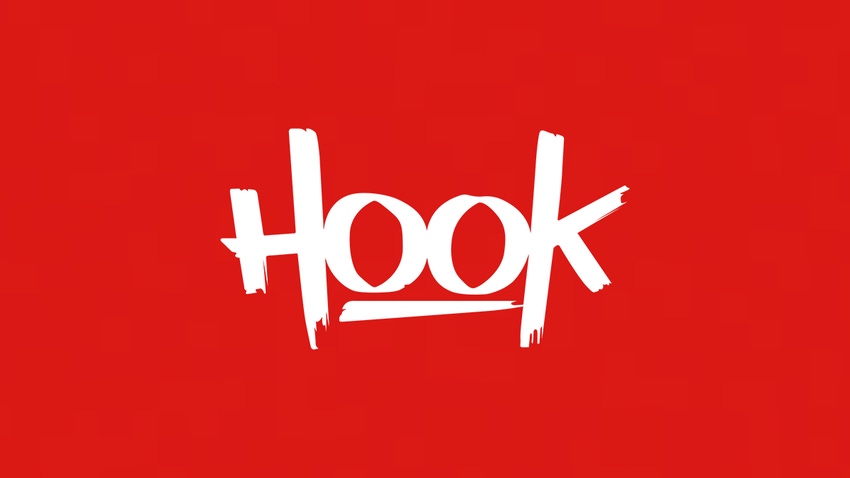 The hook logo on a red background