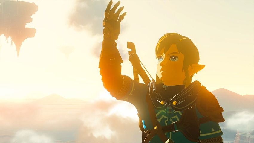 Link inspecting his new arm in Tears of the Kingdom
