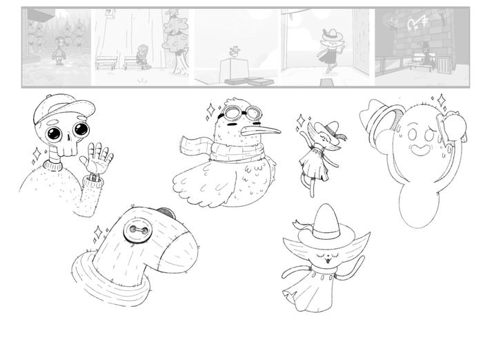 Closeups of various characters in-game plus sketches of each design. Sketches include a less terrifying skeleton wearing a baseball hat, a cool bird wering goggles, and a cat in a nice sunhat.