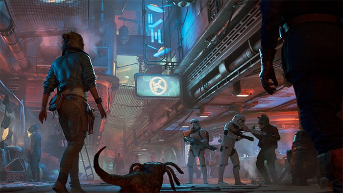A screenshot of Star Wars Outlaws. Protagonist Kay Vess and her alien pet walk up to a group of Stormtroopers harassing a Rodian.