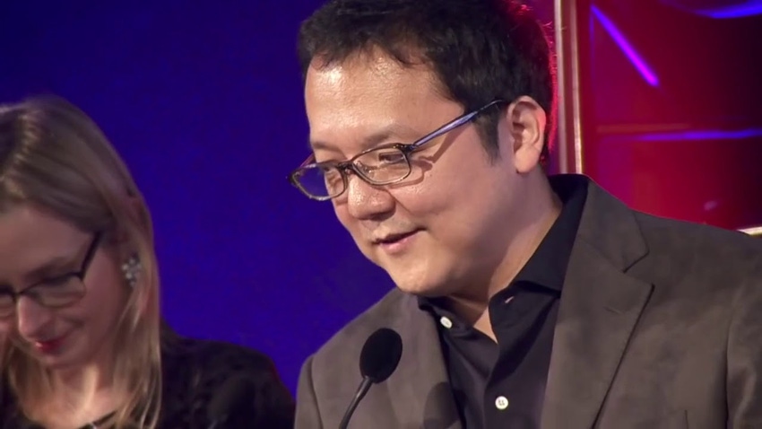 FromSoftware's Hidetaka Miyazaki accepting an award at the 2018 Golden Joystick Awards.