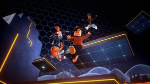 Several Roblox characters jump down platforms. Several Roblox characters jump down platforms.