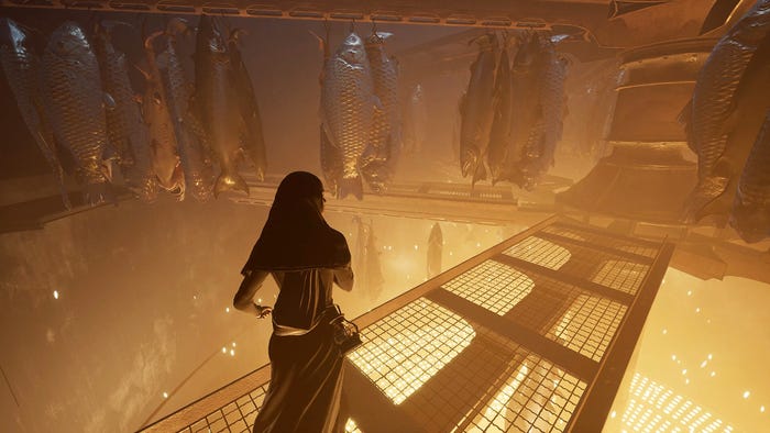 A screenshot of Indika. The player character, a nun, walks on a metal catwalk as a row of dead giant fish hangs in the background. A screenshot of Indika. The player character, a nun, walks on a metal catwalk as a row of dead giant fish hangs in the background.
