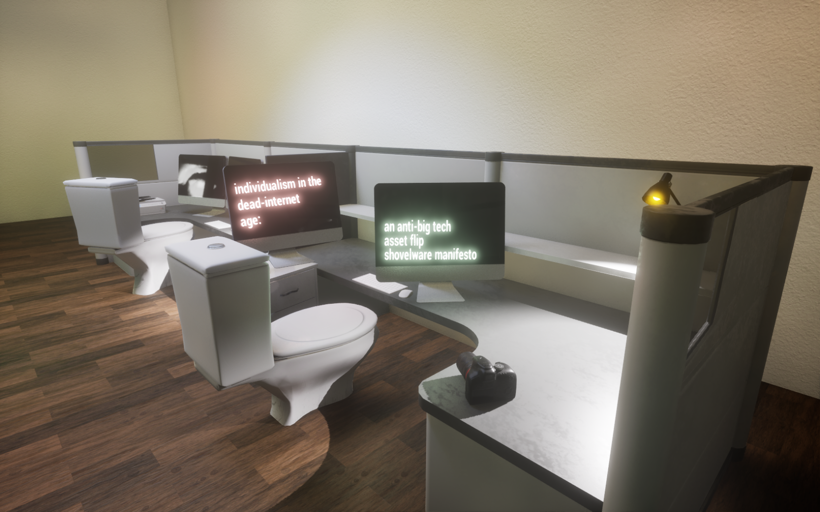 toilets sit at desks in front of monitors