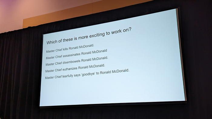 A screenshot from Hutchinson's talk describing the different ways in which Master Chief might murder Ronald McDonald