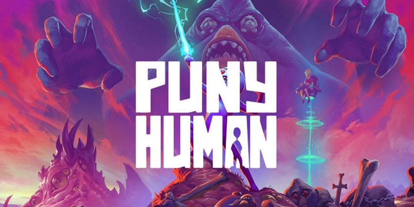 Logo for developer Puny Human over concept art for Trover Saves the Universe.