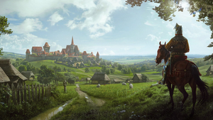 Key artwork for Manor Lords featuring a character on a horse casting their gaze over a medieval settlement