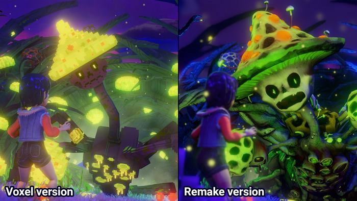 A side by side comparison of the voxel and remake versions of FunGuy.