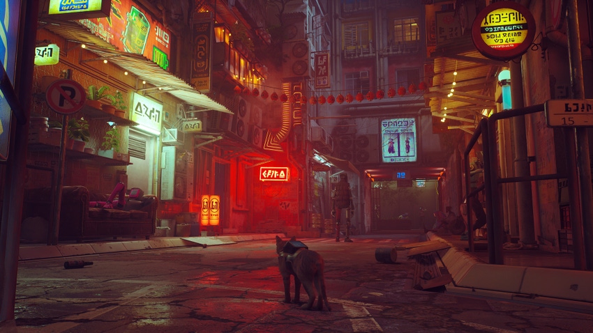 a Stray screenshot showing the cat navigating the colorful city