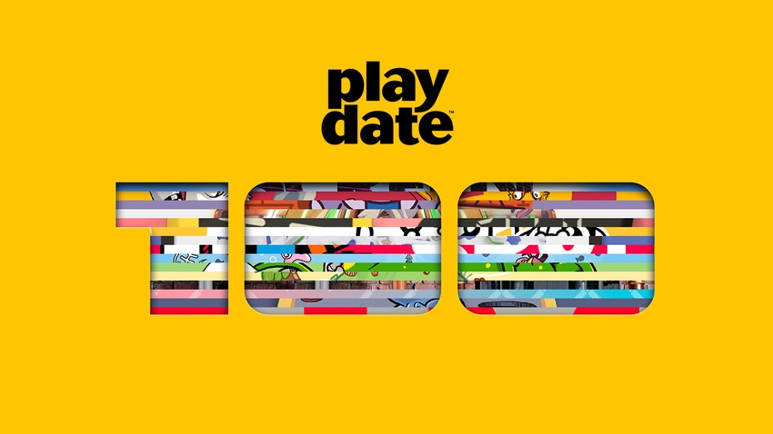 The Playdate logo accompanied by a stylised '100' on a yellow background