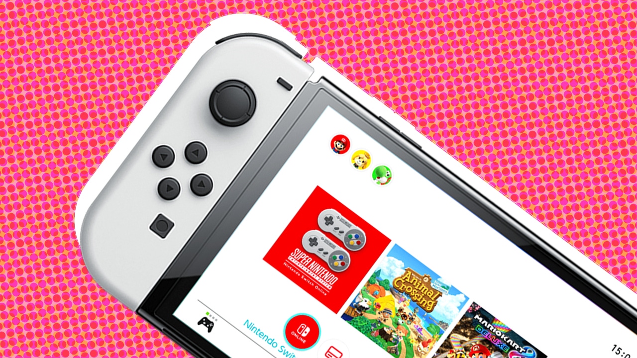 A render of the Switch OLED overlaid on a stylised pink background A render of the Switch OLED overlaid on a stylised pink background