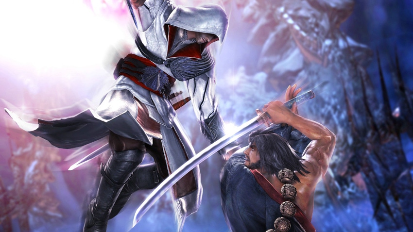 Screenshot of Ezio fighting Mitsurugi in Bandai Namco's Soul Calibur V.