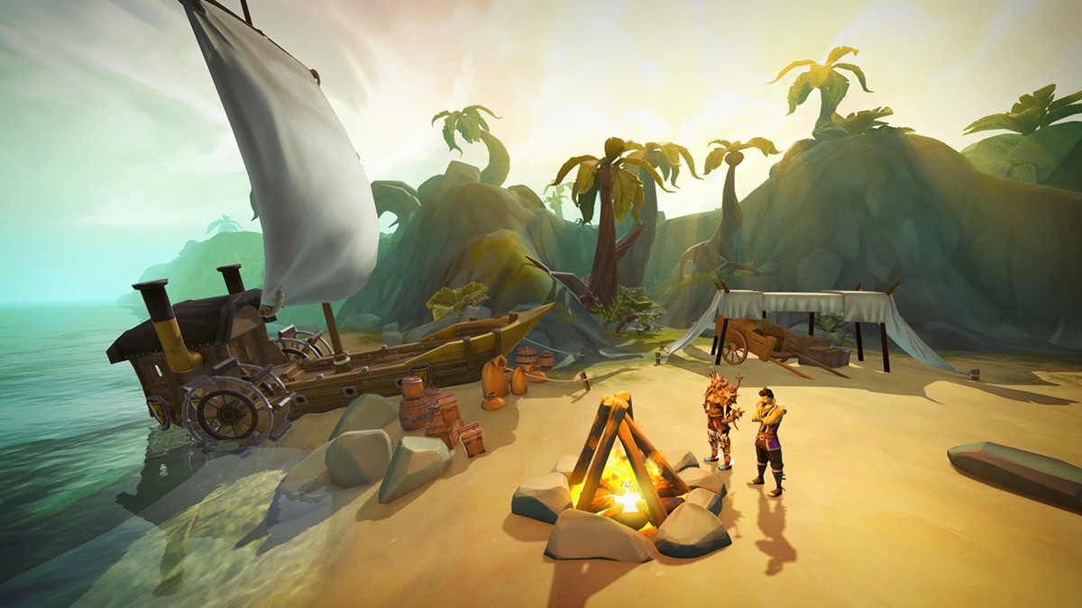 Two players around a campfire on a beach in Runescape Two players around a campfire on a beach in Runescape