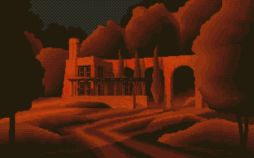 a house structure in surreal red tones