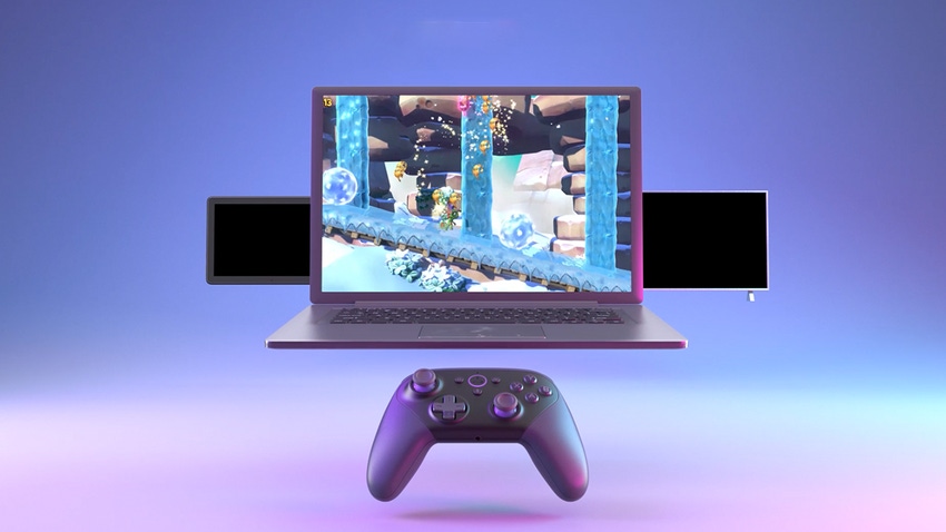 A render of the Amazon Luna controller paired with a laptop