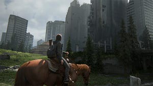 Last of Us protagonist Ellie rides a horse through a ruined Seattle.