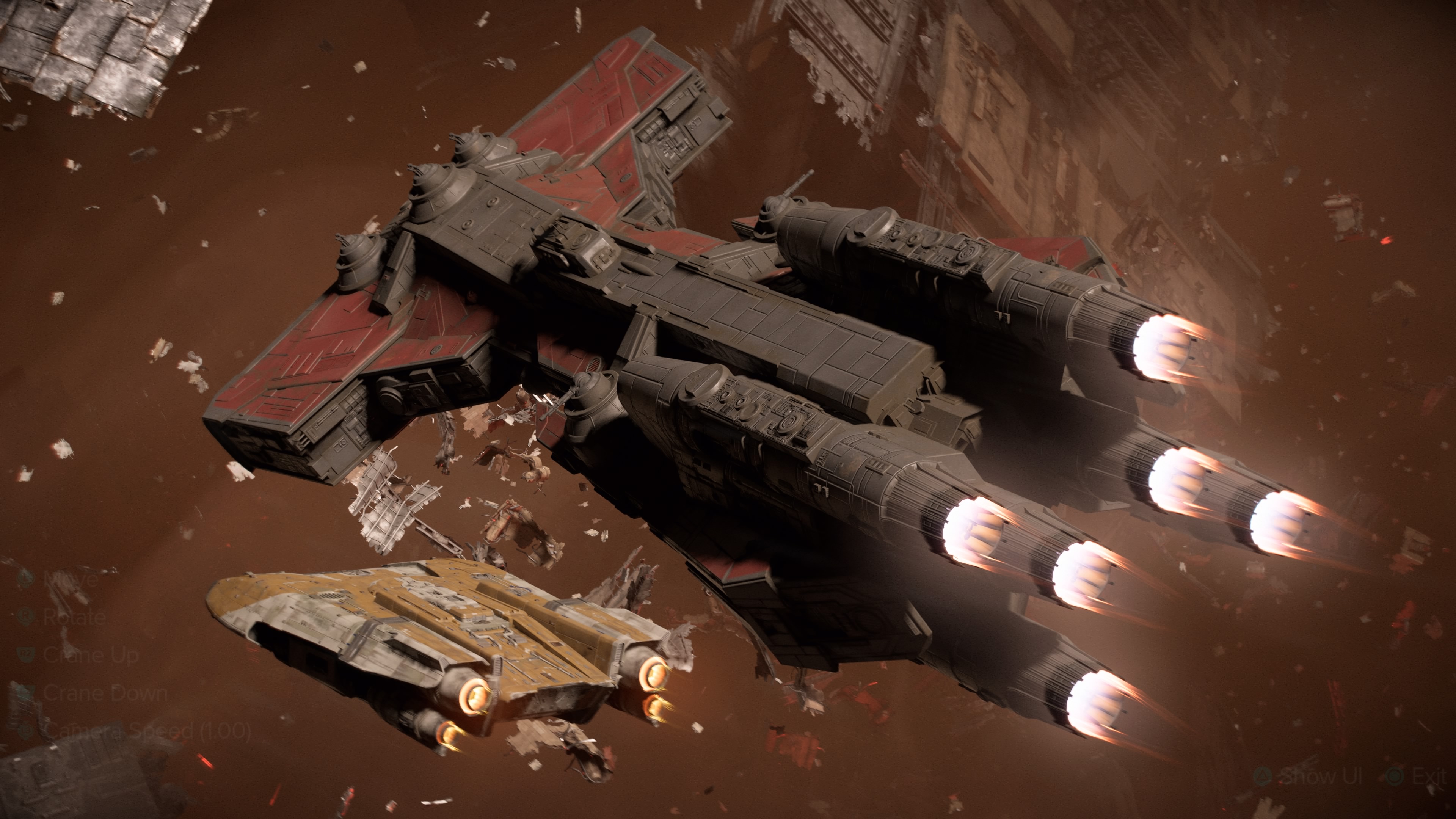 A screenshot from Star Wars Outlaws. The Trailblazer floats above a cruiser.