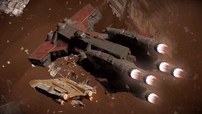 A screenshot from Star Wars Outlaws. The Trailblazer floats above a cruiser. A screenshot from Star Wars Outlaws. The Trailblazer floats above a cruiser.