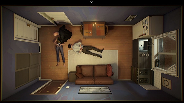 A screenshot from 12 Minutes. The cop character kneels over the player character and his wife, both bound at the hands.