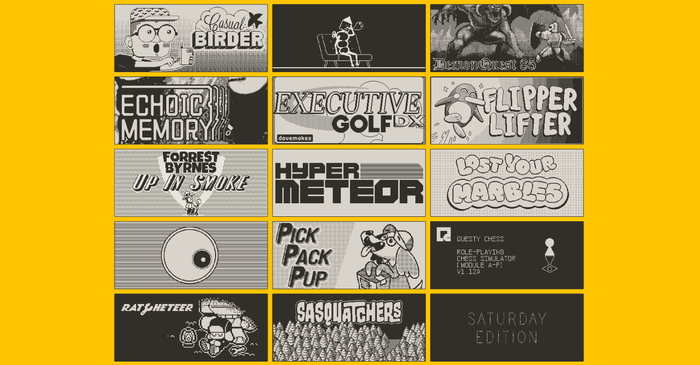 Title cards for 15 early Playdate games, including Casual Birder, Execuitve Golf DX, and Flipper Lifter.