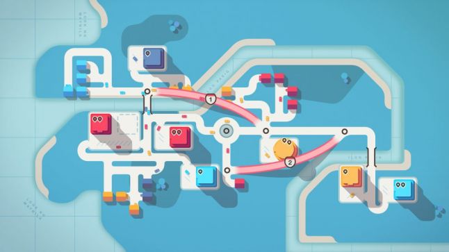 A seaside Mini Motorways level. Bridges connect homes and shopping centers on either side of a river that intersects the town. 