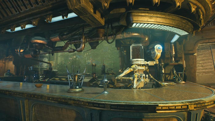A screenshot from Jedi Fallen Order, showing a bartender droid with an unsual swiveling head.